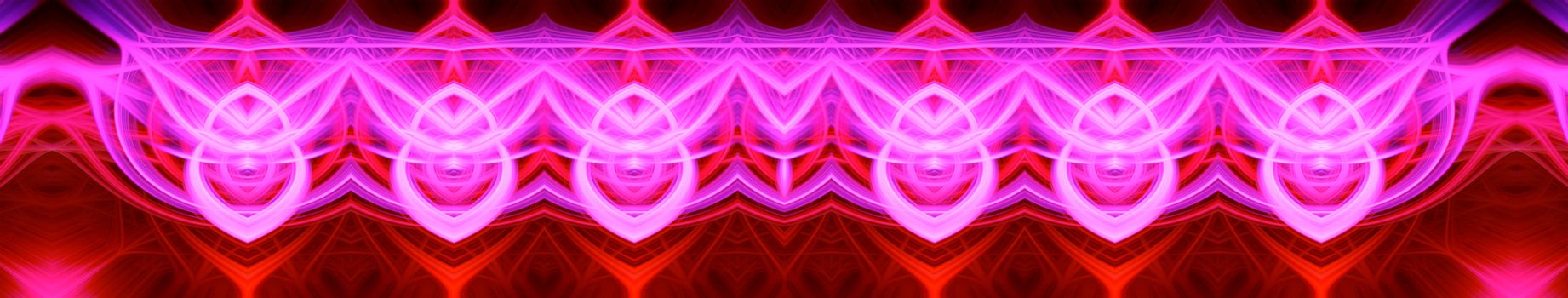 Beautiful abstract intertwined glowing 3d fibers forming a shape of pointy domes, sparkle, flame, flower, interlinked hearts. Purple, maroon, pink, and red colors. Banner size. Illustration.