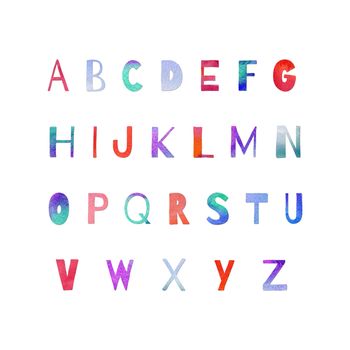 Hand painted watercolor alphabet letters in violet, blue and pink colors. Collage of paper-cut abc elements isolated on white. Artistic lettering set perfect for print, poster.