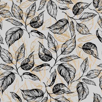 Seamless pattern - Hand drawn twig with leaves in gray scale and leaves contour of golden foil on grey background. Design for wallpaper, textile, fabric, bookend, wrapping.