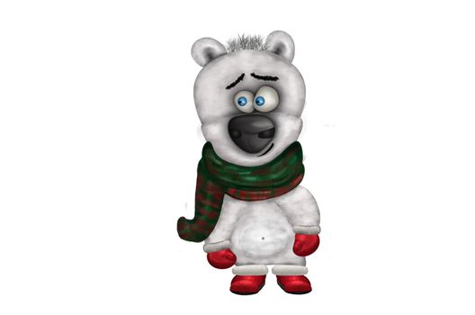 Cute white Teddy Bear standing in warm scarf, red mitten and shoes. For placards, t shirt prints, greeting cards. Stock illustration