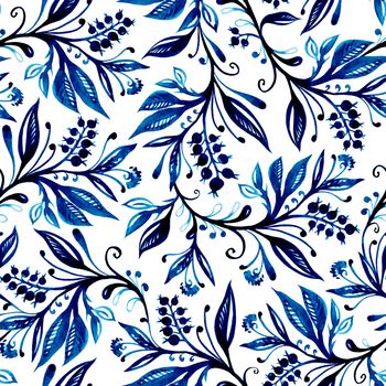 Floral watercolor seamless pattern with leaves and berries in blue colors on white background.Hand drawing and digitized. Design for wallpaper, textile, fabric, bookend, wrapping.