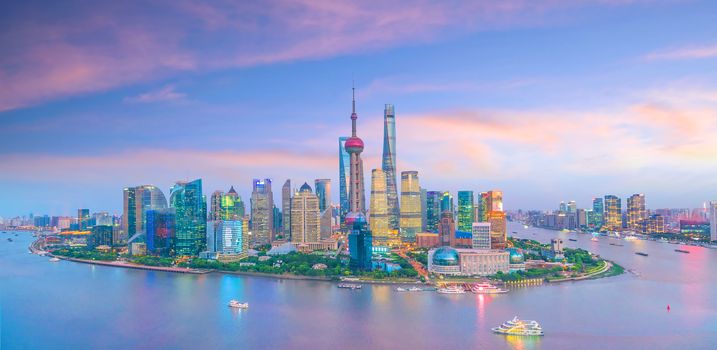 View of downtown Shanghai skyline at twilight in China
