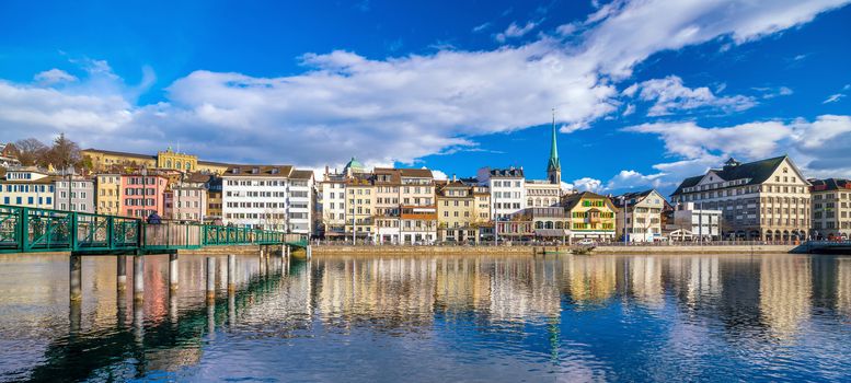 Beautiful view of the historic city center of Zurich on a sunny day with blue sky