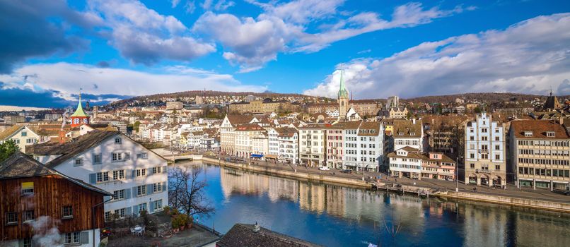 Beautiful view of the historic city center of Zurich on a sunny day with blue sky