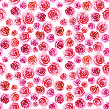 Pink-red roses of different sizes on a white background. Beautiful flowers. Watercolor illustration seamless pattern for textile design, cover, wallpaper, wrapping paper.