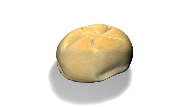 Homemade bread isolated on a white background. Closeup view of bread roll with shadow under light.