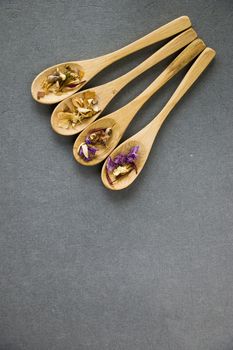 Herbal and natural dry tea set, variation and collection of tea and wooden spoons on the gray background