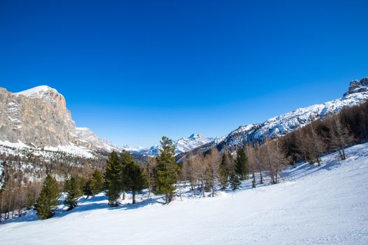 Dolomites Dolomiti Italy in wintertime beautiful alps winter mountains and ski slope Cortina d'Ampezzo Col Gallina mountain peaks famous landscape skiing resort area