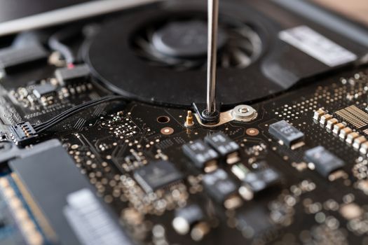 Repairing broken laptop computer mainboard, technician using screwdriver.
