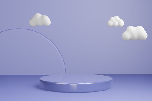 3d rendered studio mock up background for product presentation, with circle shapes, podium on the floor with cloud. minimal purple colors.