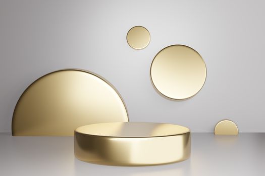 3d rendered studio mock up background for product presentation, with circle shapes, podium on the floor. minimal gold colors.