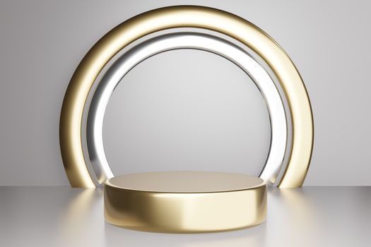 3d rendered studio mock up background for product presentation, with circle shapes, podium on the floor. minimal gold colors.