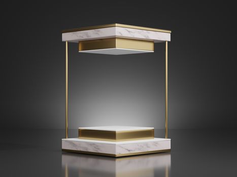 3d rendering mockup of white and gold square, pedestal steps on black background.