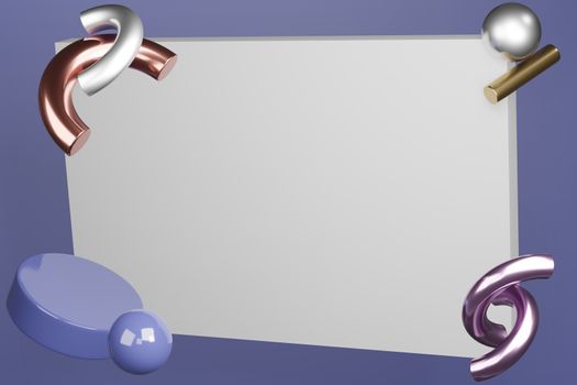 3D frame, memorial board blank banner, trendy decoration concept, purple background mockup. 3d render.