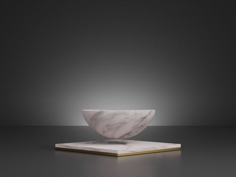 3D white marble podium floating on dark grey background studio. Mockup space for display of product design. 3d rendering.