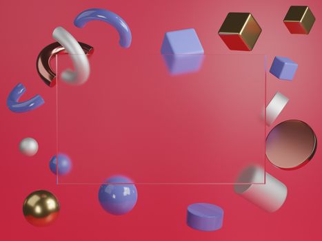 3d rendered studio mock up background for product presentation, transparent banner with geometric shapes decoration. red background color.