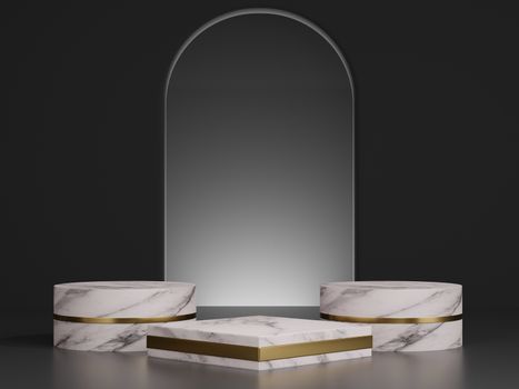 3d rendering mockup of white marble with gold pedestal steps and arch entrance on dark background.
