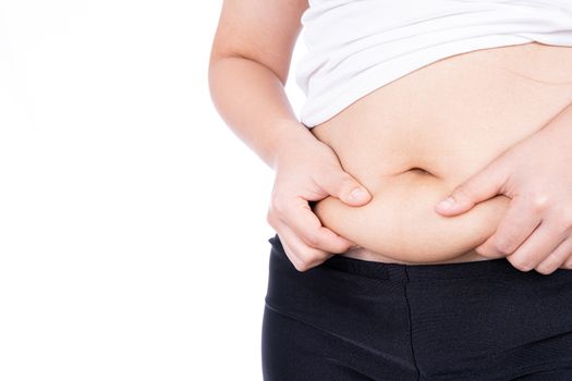 Fat woman holding excessive fat belly, overweight fatty belly isolated on over white background. Diet lifestyle, weight loss, stomach muscle, healthy concept.