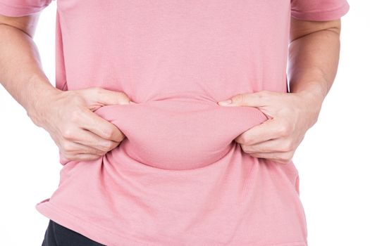 Fat man holding excessive fat belly, overweight fatty belly isolated on over white background. Diet lifestyle, weight loss, stomach muscle, healthy concept.