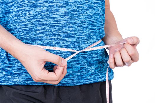 Chubby man measuring his waist with white measuring tape isolated on white background. Diet lifestyle, weight loss, stomach muscle, healthy concept.
