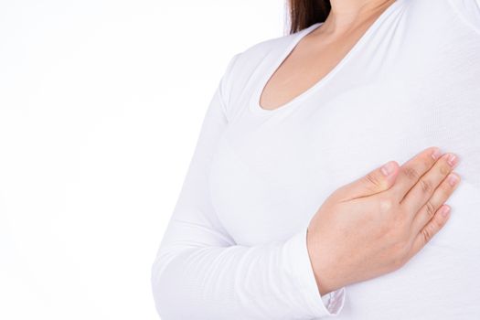 Woman hands doing breast self exam for checking lumps and signs of breast cancer isolated over white background. Medical, healthcare for advertising concept.