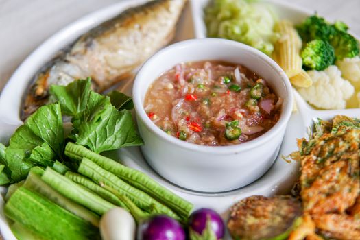 Shrimp paste sauce with fried mackerel and vegetable. Thai food