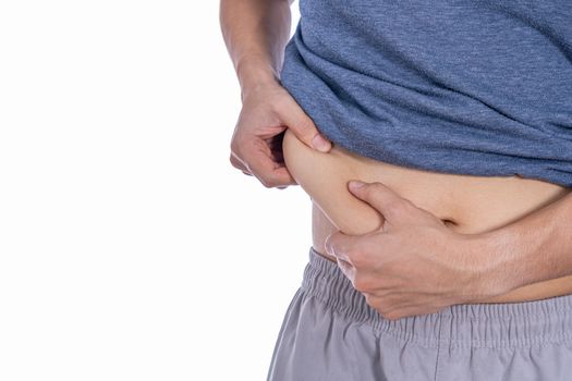 Fat man holding excessive fat belly, overweight fatty belly isolated white background. Diet lifestyle, weight loss, stomach muscle, healthy concept.