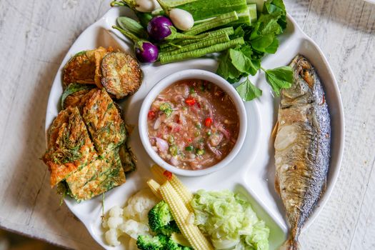 Shrimp paste sauce with fried mackerel and vegetable. Thai food