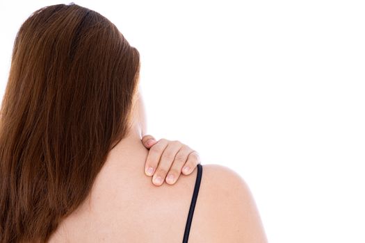 Woman suffering from neck and shoulder pain isolated white background. Health care and medical concept.