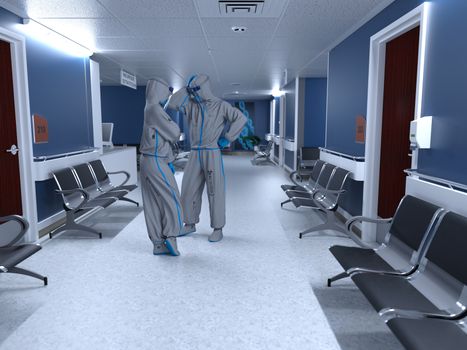 Doctor and nurse wearing Personal protective equipment and talking inside a hospital - 3d rendering