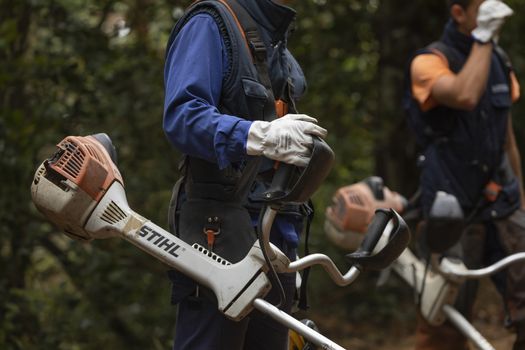 Moncayo, Spain - October 14, 2020: Workers of the forest fire prevention service, Dept. of Rural Development and Sustainability of the government of Aragon and SARGA, in clearing work