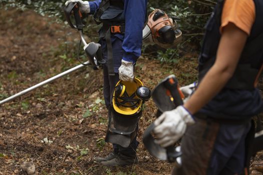 Moncayo, Spain - October 14, 2020: Workers of the forest fire prevention service, Dept. of Rural Development and Sustainability of the government of Aragon and SARGA, in clearing work