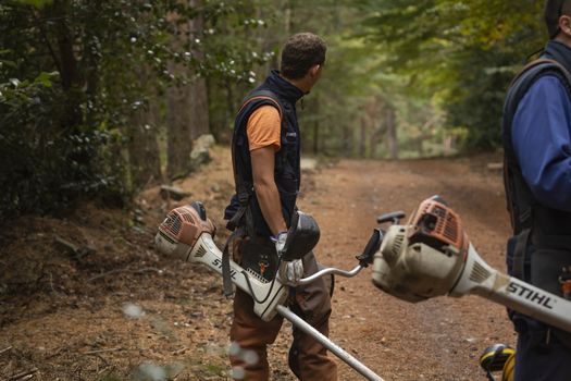 Moncayo, Spain - October 14, 2020: Workers of the forest fire prevention service, Dept. of Rural Development and Sustainability of the government of Aragon and SARGA, in clearing work