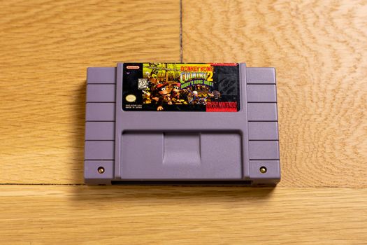October 25, 2020 - Elkins Park, PA: A Cartridge for Donkey Kong Country 2, Diddy's Kong Quest for the Super Nintendo Entertainment System, a popular retro title.