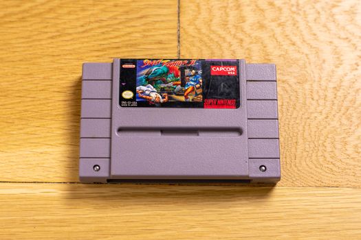 October 25, 2020 - Elkins Park, PA: A Cartridge for Street Figher 2 for the Super Nintendo Entertainment System, a popular retro title.