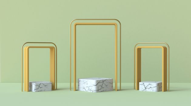 Abstract mock up podium with three marble square pedestals 3D render illustration on green background