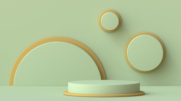 Abstract mock up cylinder podium with circle frames on the wall 3D render illustration on green background