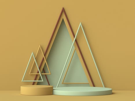 Abstract mock up podium with triangle shaped frames 3D render illustration on brown background