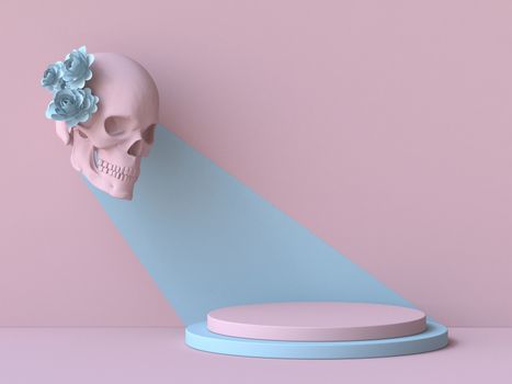 Pink skull with blue flowers look at pink podium 3D render illustration on pink background