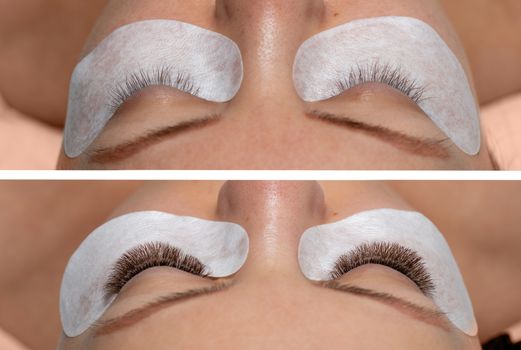 Treatment of Eyelashes Extensions. Comparison of Eyelash Extension before and after