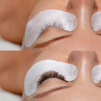 Treatment of Eyelashes Extensions. Comparison of Eyelash Extension before and after