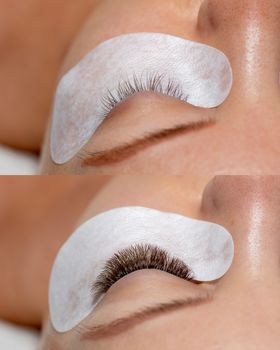 Treatment of Eyelashes Extensions. Comparison of Eyelash Extension before and after