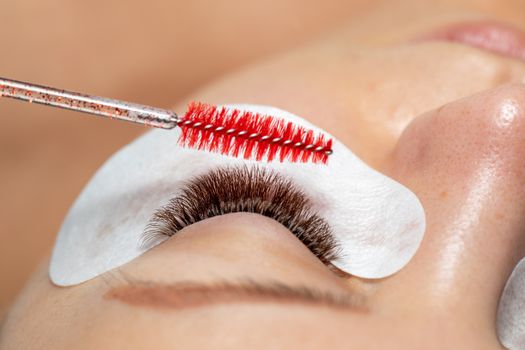 Close Woman Eye with Eyelashes Extension with eyepatch under eye and brush for care after beauty treatment closeup stock photo