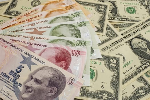USA dollar and Turkish Lira banknotes