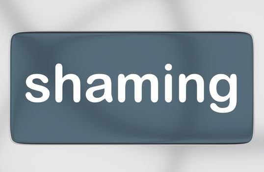 3D illustration of shaming title on cellular screen, isolated over gray pattern. 