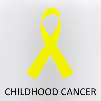 3D illustration CHILDHOOD CANCER script below an awareness ribbon of malnutrition, isolated over gray background.