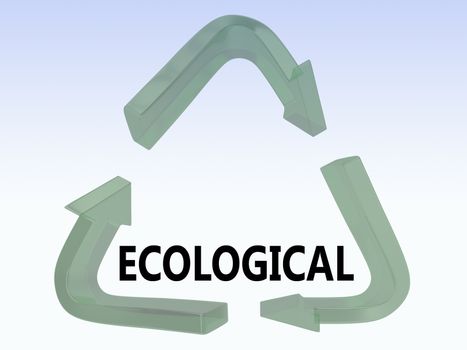 3D illustration of ECOLOGICAL title in a recycling symbol, isolated over blue gradient.