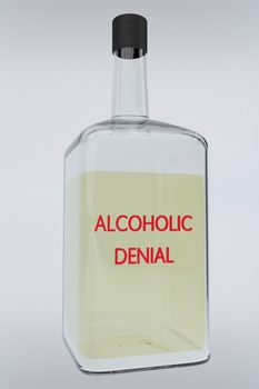 3D illustration of ALCOHOLIC DENIAL title on liquor bottle, isolated over gray gradient.