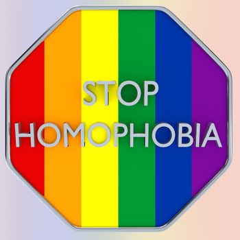 Render illustration of STOP HOMOPHOBIA on road sign, isolated over bllured LGBT Flag.
