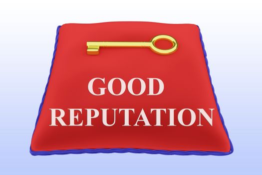 Render illustration of GOOD REPUTATION Title on red velvet pillow vear a golden key, isolated over blue gradient.